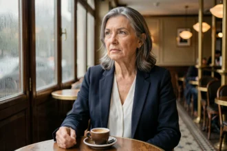 Femme élégante d'âge mûr assise dans un café parisien, évoquant la discrétion et la vie privée d'une personnalité politique française