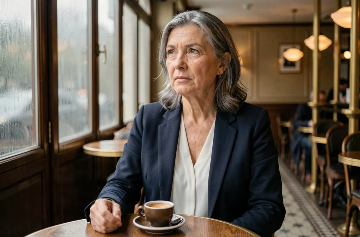 Femme élégante d'âge mûr assise dans un café parisien, évoquant la discrétion et la vie privée d'une personnalité politique française