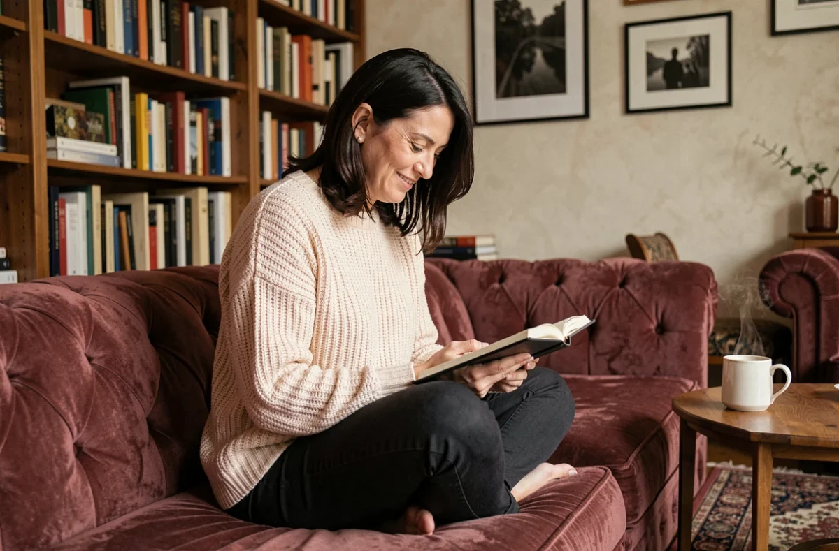 Femme introspective écrivant dans un journal intime dans un salon chaleureux, illustrant les confidences sur l'amour et la maternité