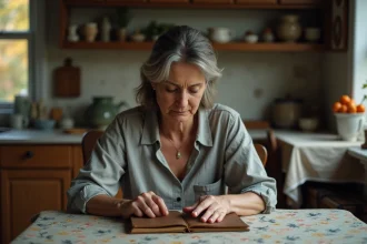 Femme mature tenant un journal intime en souvenir de sa mère décédée, assise dans une cuisine vintage à l'ambiance mélancolique