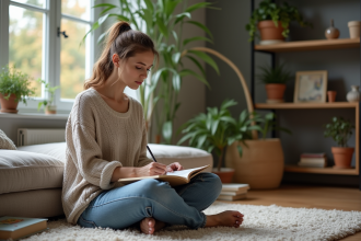 Femme assise en intérieur en train de journaler dans un salon cosy