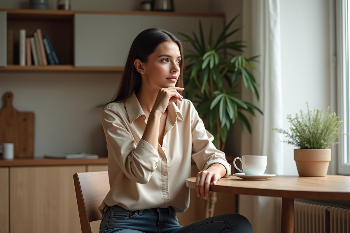 Femme pensive avec tasse de cafe dans une cuisine moderne