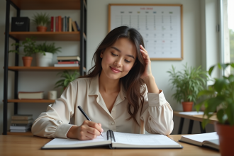 Jeune femme concentrée écrivant dans un planner dans un bureau lumineux
