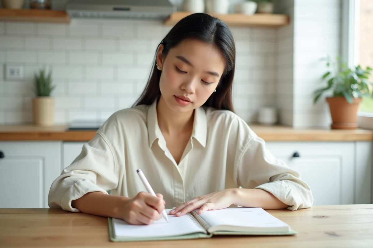 Femme organisant son planning semaine paire impaire dans un agenda minimaliste à table