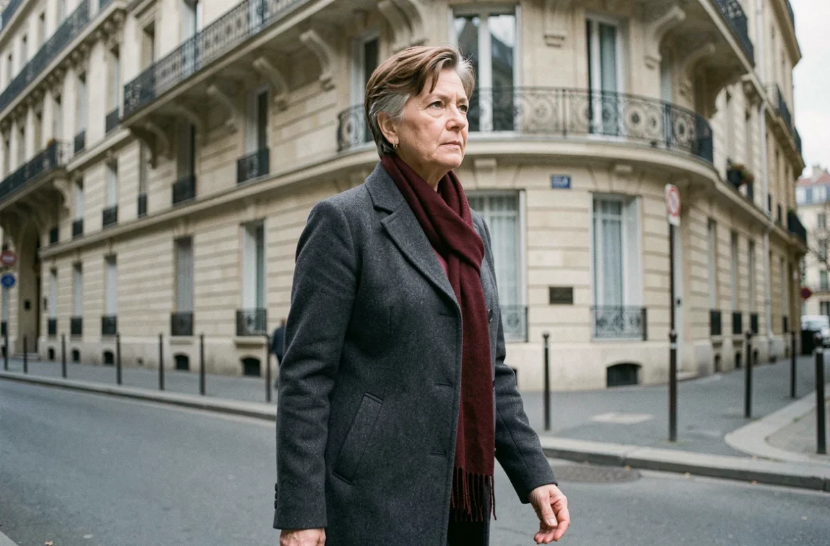 Femme mature marchant dans une rue parisienne haussmannienne, illustrant la discrétion et l'anonymat de la compagne d'un homme politique