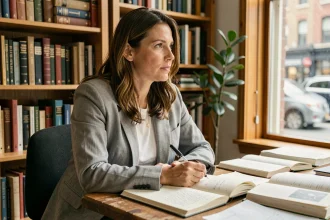 Femme réfléchissant à ses règles de vie personnelles assise à un bureau encombré de livres et de notes manuscrites