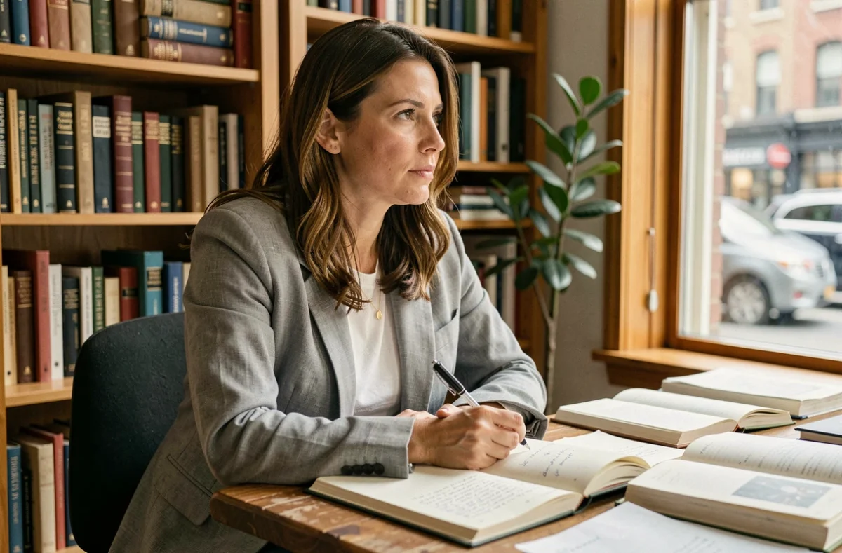 Femme réfléchissant à ses règles de vie personnelles assise à un bureau encombré de livres et de notes manuscrites