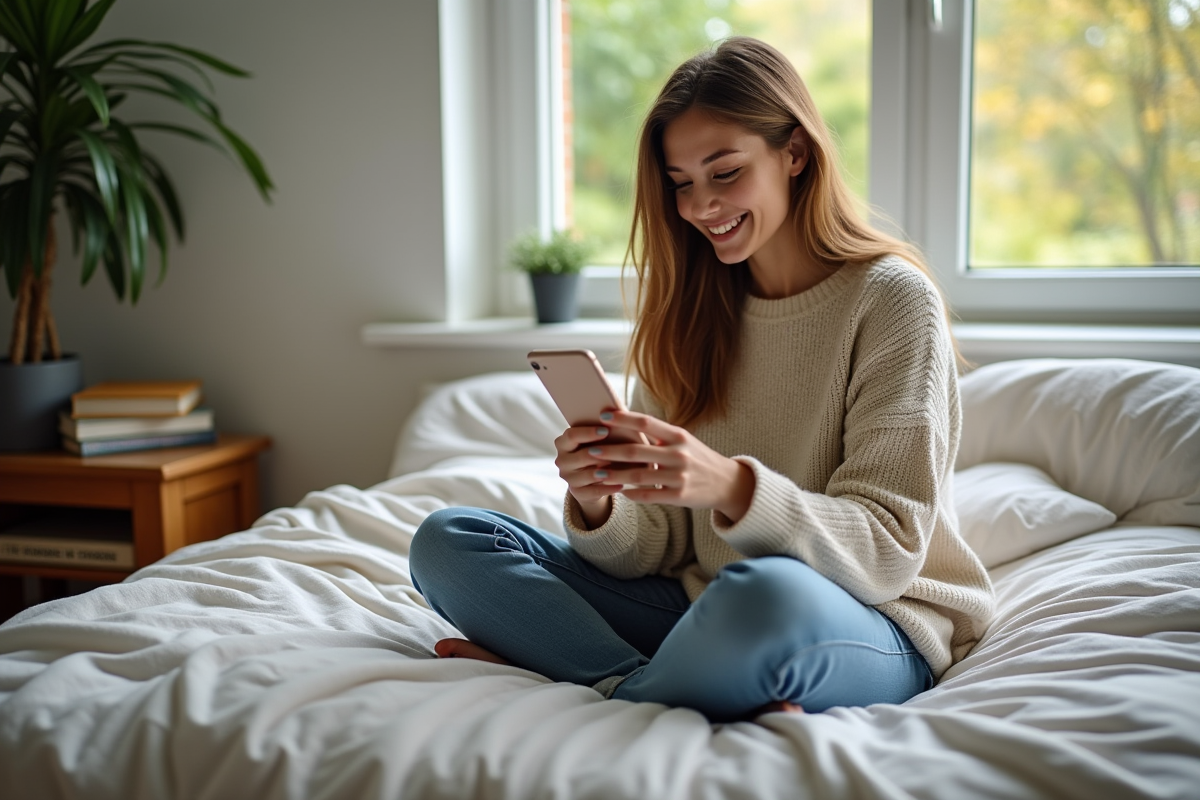Jeune femme souriante sur son lit dans une chambre lumineuse