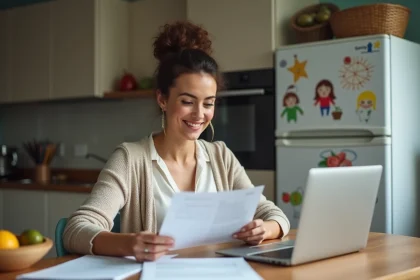 Femme souriante travaillant à la maison dans une cuisine moderne