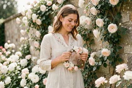 Femme tenant une couronne florale dans un jardin fleuri pour célébrer la fête de sainte Léana