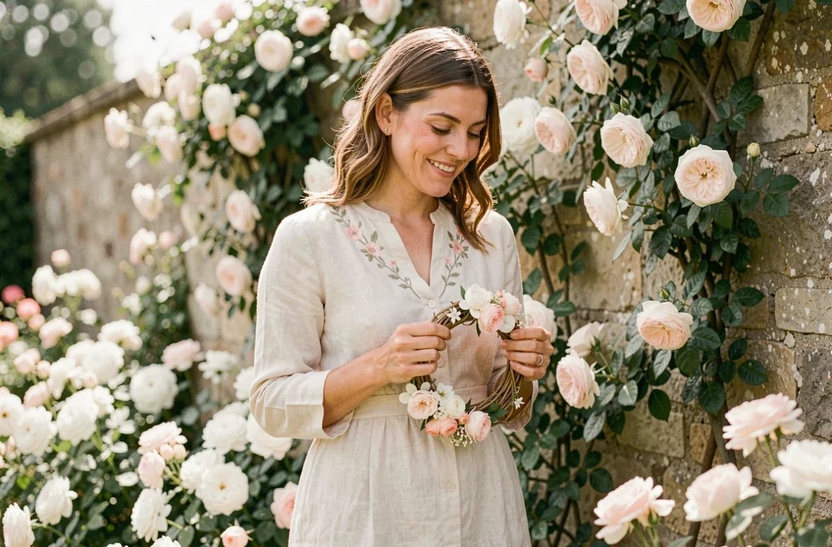 Femme tenant une couronne florale dans un jardin fleuri pour célébrer la fête de sainte Léana