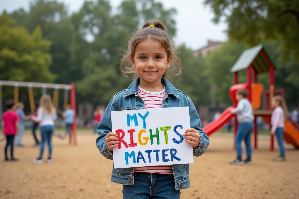 Jeune fille avec affiche droits dans un parc urbain