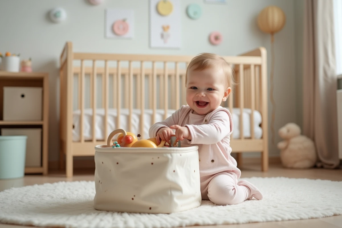 Bébé fille de 7 mois sourit en ouvrant une boîte à jouets