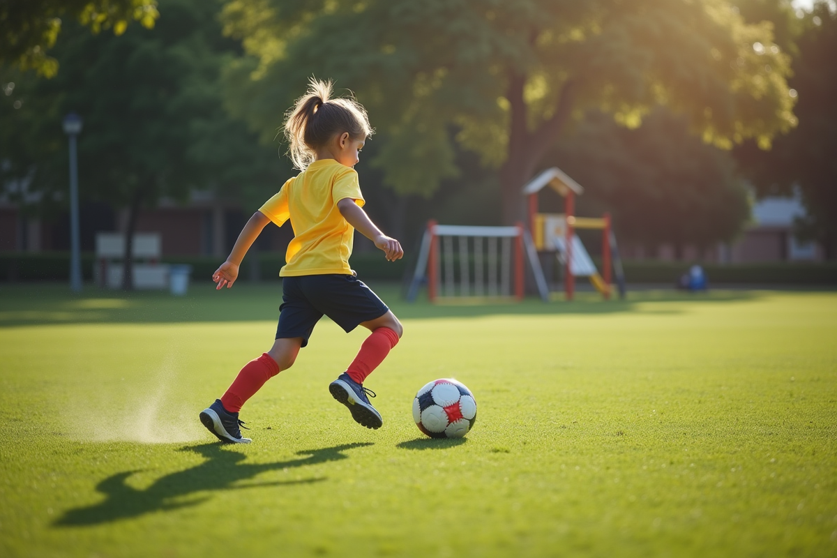 Fille de 11 ans jouant au football dans un parc