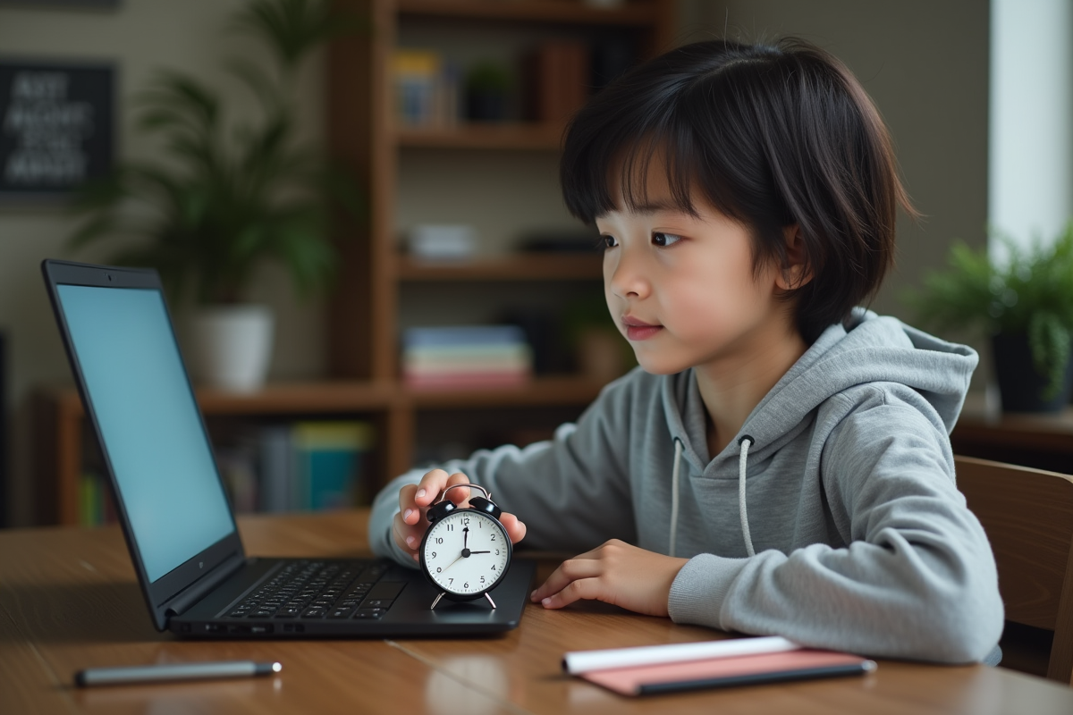 Fille adolescente réglant un minuteur de cuisine dans un bureau