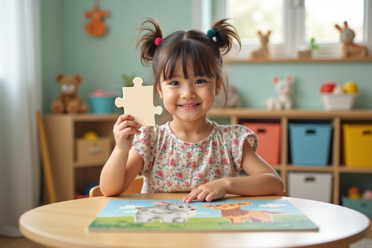 Fille de 3 ans souriante manipulant un puzzle dans une salle de jeux lumineuse