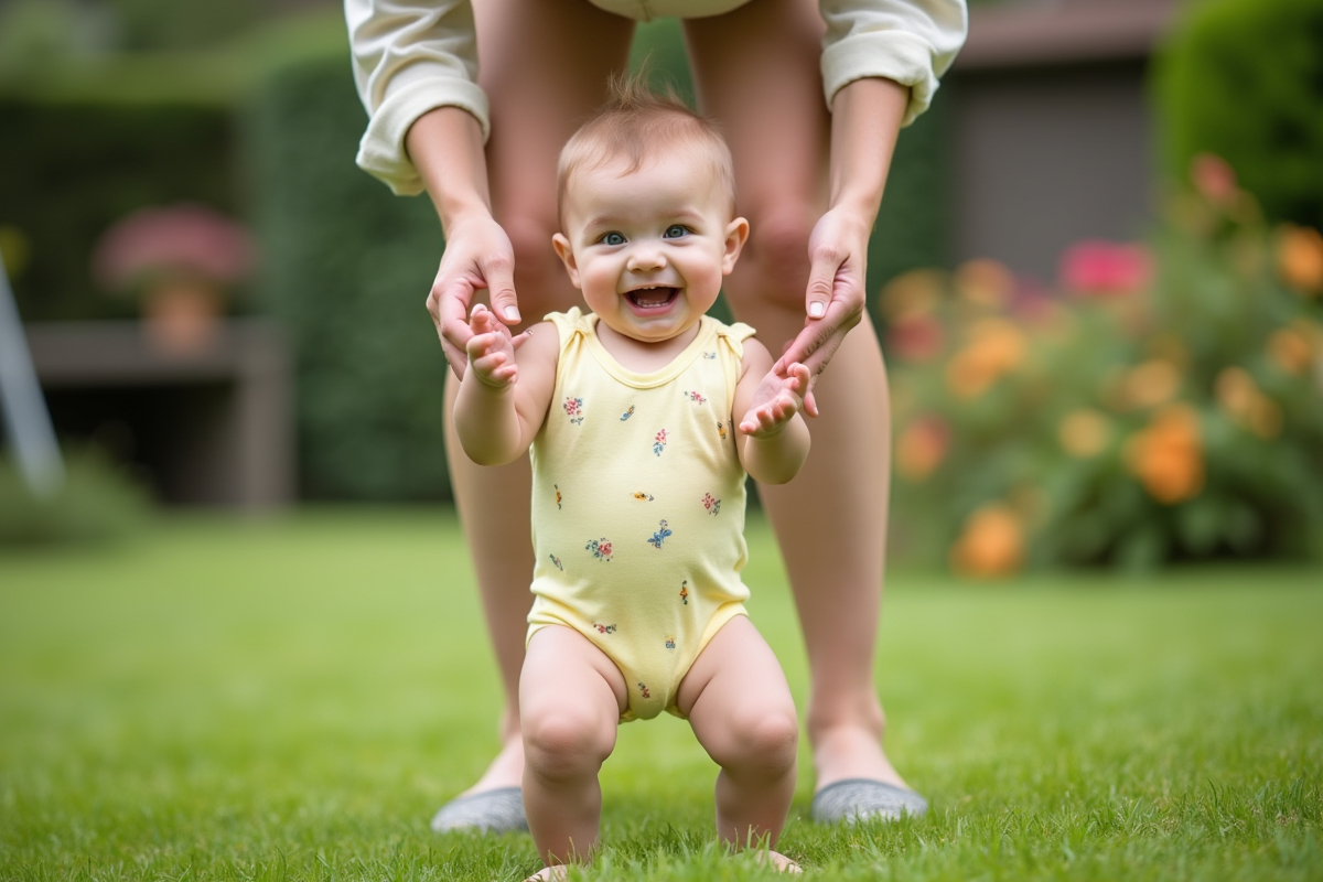 Petite fille en robe jaune soutenue dans un jardin
