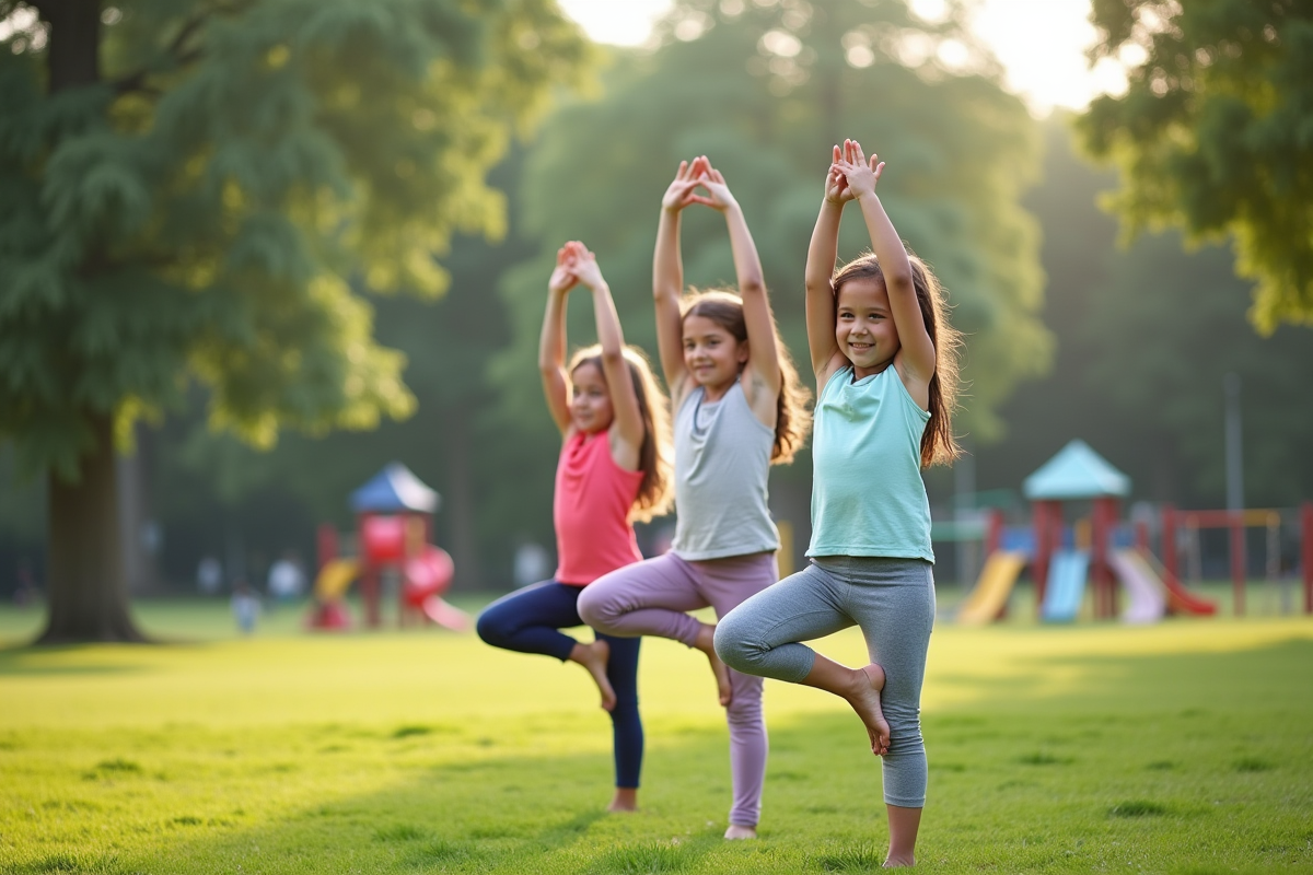 Trois filles faisant du yoga dans un parc en plein air