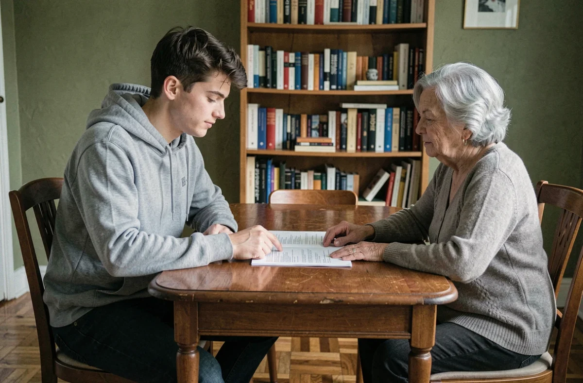 Jeune adulte et sa mère consultant ensemble une attestation de domicile imprimée