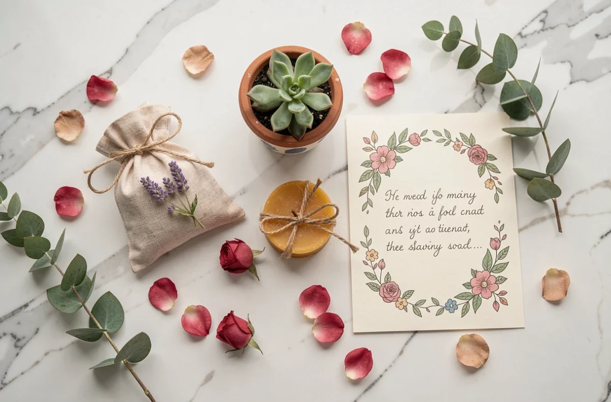 Flatlay de petits cadeaux faits main pour la fête des mères : sachet de lavande, bougie en cire d'abeille, succulente peinte et carte écrite à la main sur marbre blanc