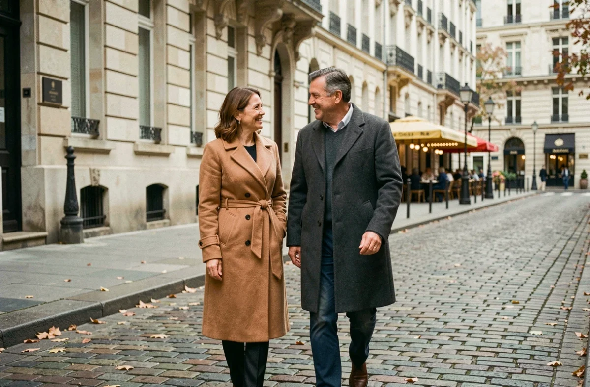 Couple élégant se promenant dans une rue pavée parisienne, illustrant la vie privée et conjugale d'une personnalité médiatique