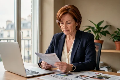 Femme journaliste ou personnalité publique dans un bureau parisien moderne, évoquant Florence Kieffer et sa vie professionnelle