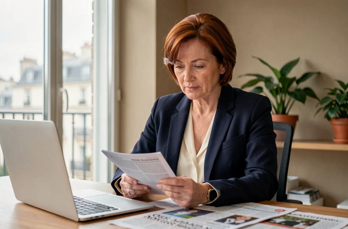 Femme journaliste ou personnalité publique dans un bureau parisien moderne, évoquant Florence Kieffer et sa vie professionnelle