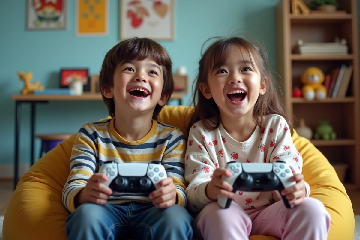 Frère et sœur jouant ensemble à la PS5 sur un pouf dans une chambre d'enfants
