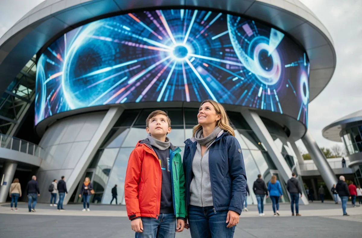 Un enfant et sa mère admirant les structures futuristes et les écrans géants du Futuroscope près de Poitiers