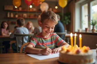 Garçon de 8 ans lisant une carte d'anniversaire avec un grand sourire lors d'une fête d'anniversaire à la maison