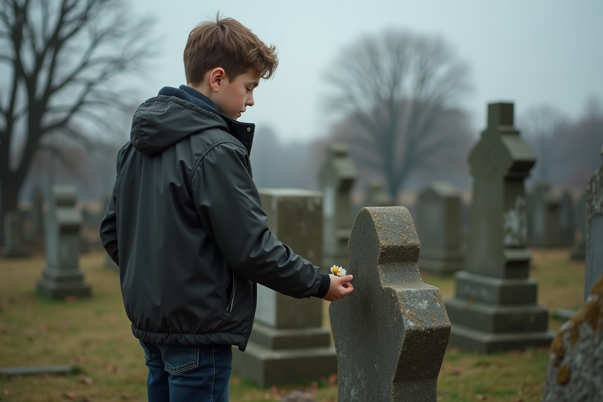 Jeune garçon déposé une fleur sur une tombe au cimetière