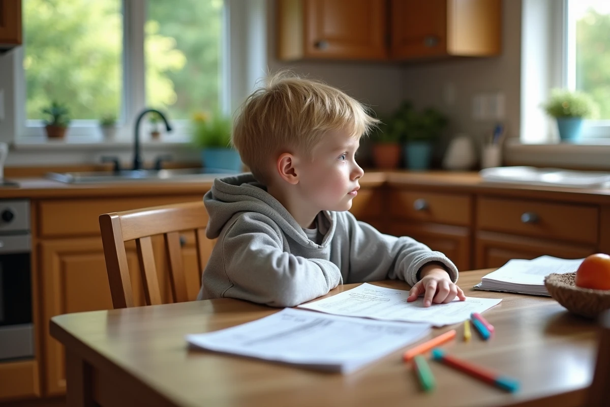 Garçon faisant ses devoirs à la cuisine en regardant par la fenêtre