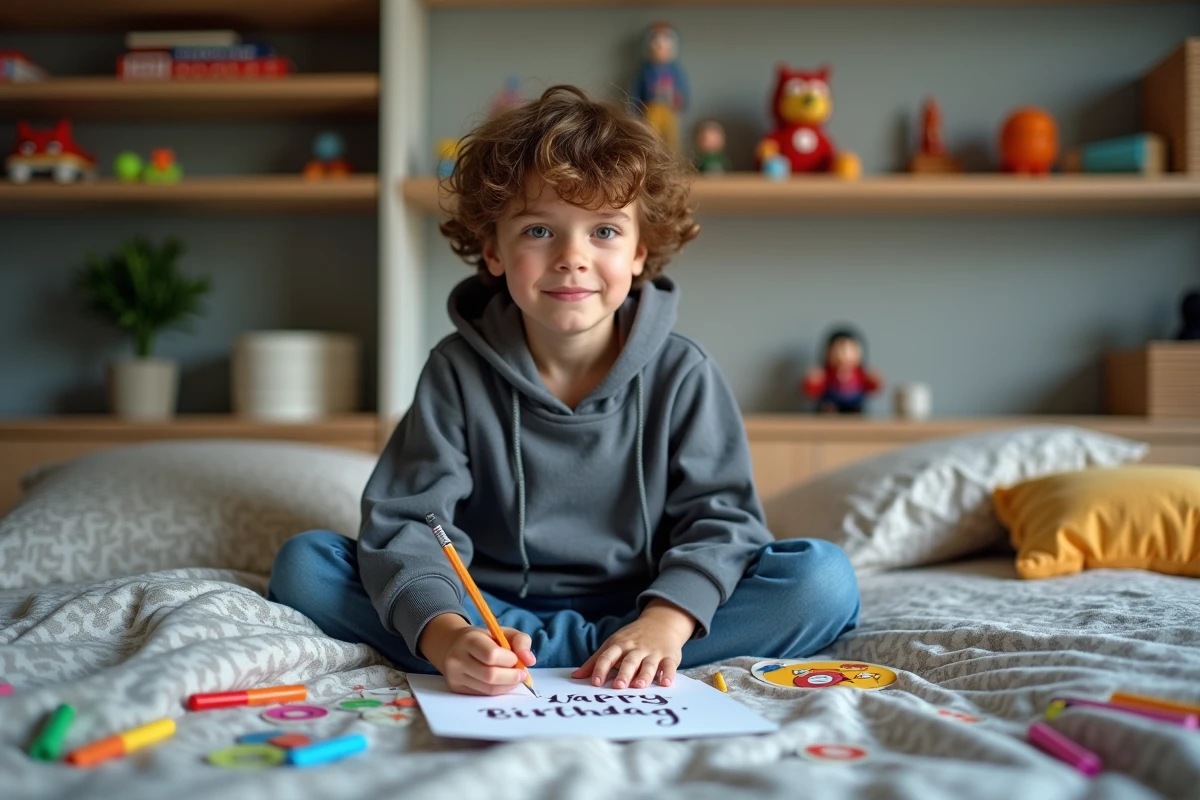 Garçon de 8 ans écrivant un message d'anniversaire sur une carte dans sa chambre décorée