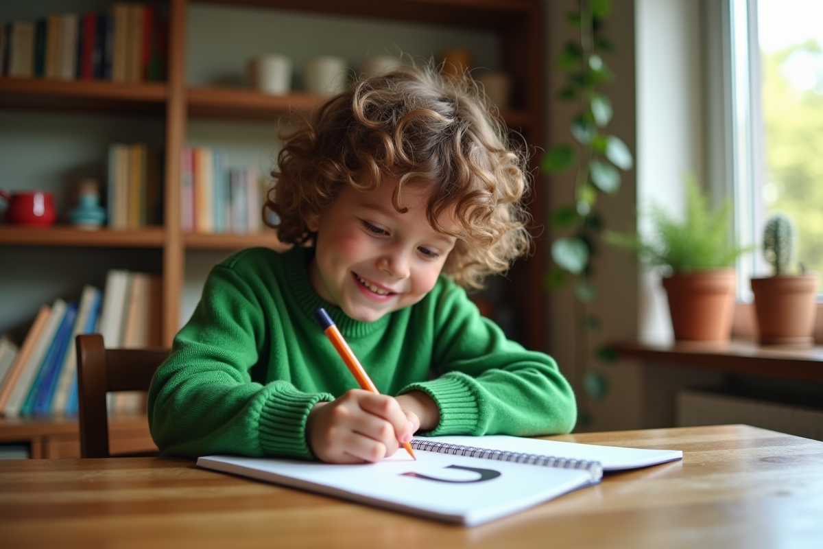 Jeune garçon écrivant la lettre U dans un cahier à la maison