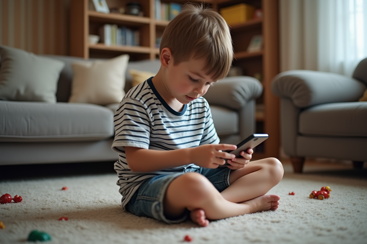 Garçon de dix ans jouant à un puzzle sur un smartphone dans un salon familial