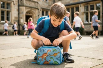 Petit garçon ouvrant son sac à goûter isotherme à motif dinosaure dans une cour d'école