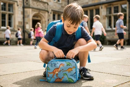 Petit garçon ouvrant son sac à goûter isotherme à motif dinosaure dans une cour d'école