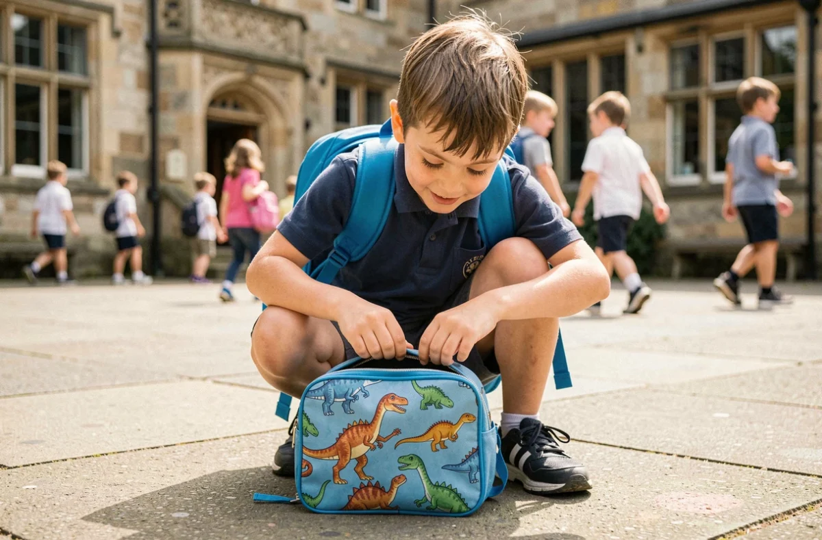 Petit garçon ouvrant son sac à goûter isotherme à motif dinosaure dans une cour d'école