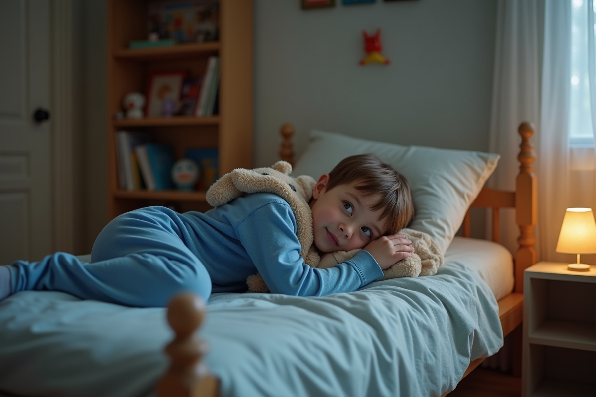 Garçon de 6 ans dans son lit avec son doudou