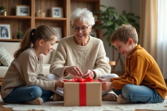 Grand-mère souriante déballe un cadeau avec ses petits-enfants sur le sol du salon familial