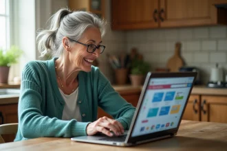 Une grand-mère consulte le portail famille Meudon sur son ordinateur portable pour suivre les activités de ses petits-enfants