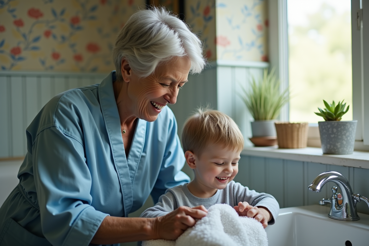 Grand-mere aidant son petit-fils à se sécher les cheveux