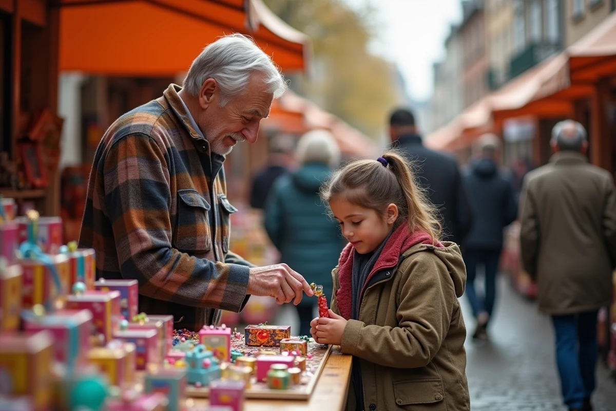 Grand-père et petite-fille choisissent un jouet ensemble sur un marché de plein air en automne