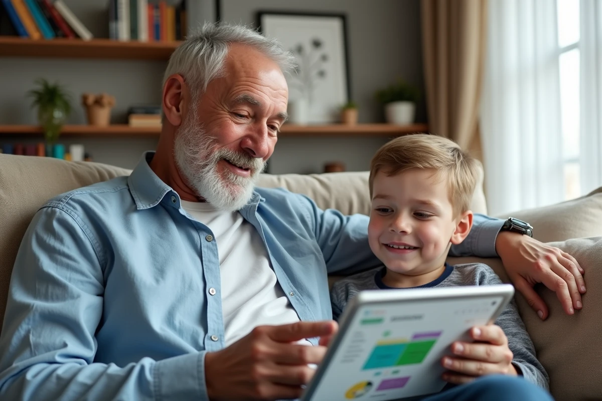 Un grand-père montre le portail famille de Meudon à son petit-fils sur une tablette numérique dans un salon familial