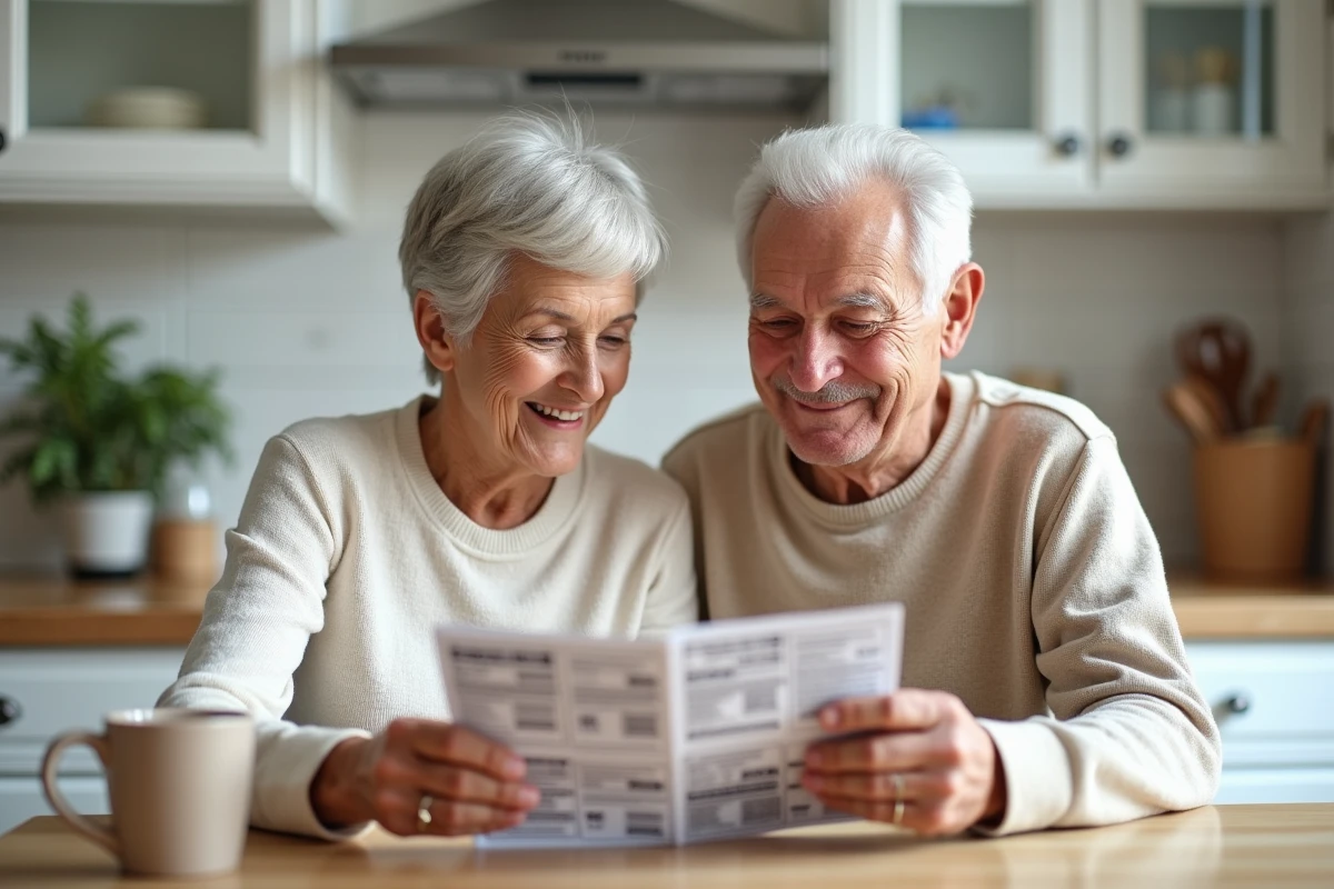 Couple de grands-parents consultant des offres promotionnelles en famille sur tablette et coupons papier dans la cuisine
