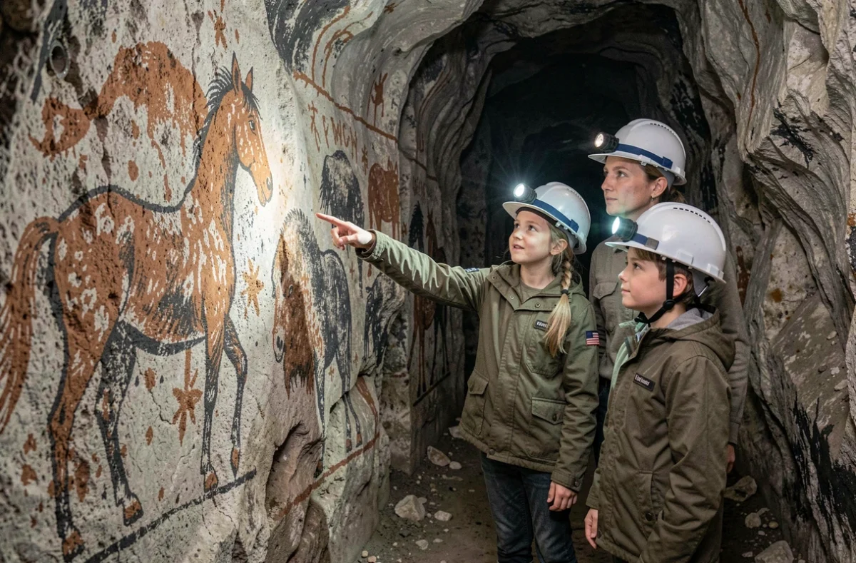 Une mère et ses enfants découvrant les peintures rupestres préhistoriques dans une grotte de la Vallée de la Vézère avec un guide