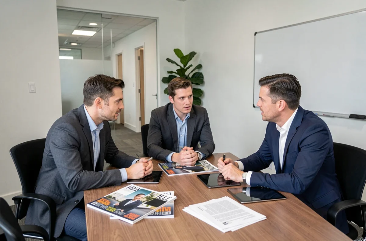 Groupe de trois dirigeants discutant autour de magazines business stratégiques lors d'une réunion en salle de conférence moderne