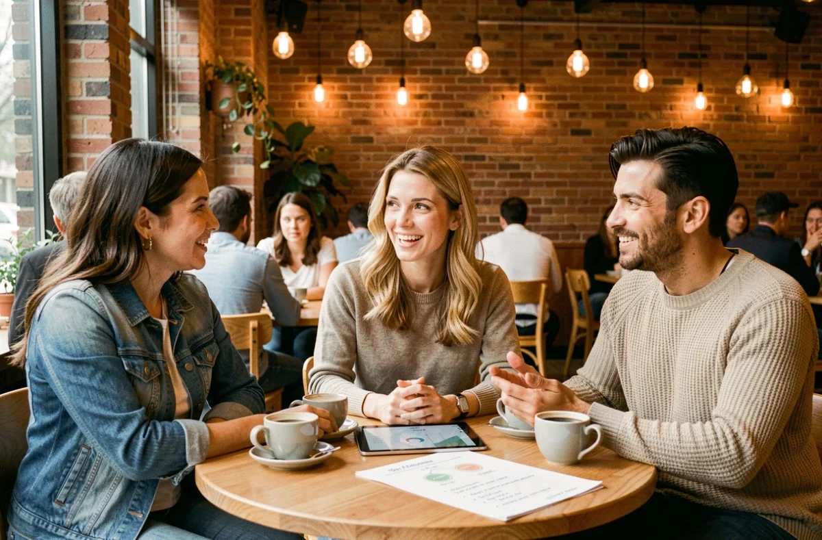 Groupe de trois adultes en discussion animée autour d'une table de café sur l'adaptation des règles de vie personnelles