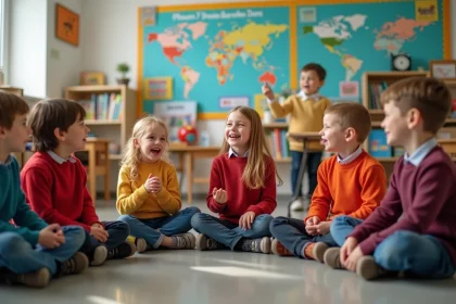 Groupe d'enfants chantant dans une classe scolaire colorée