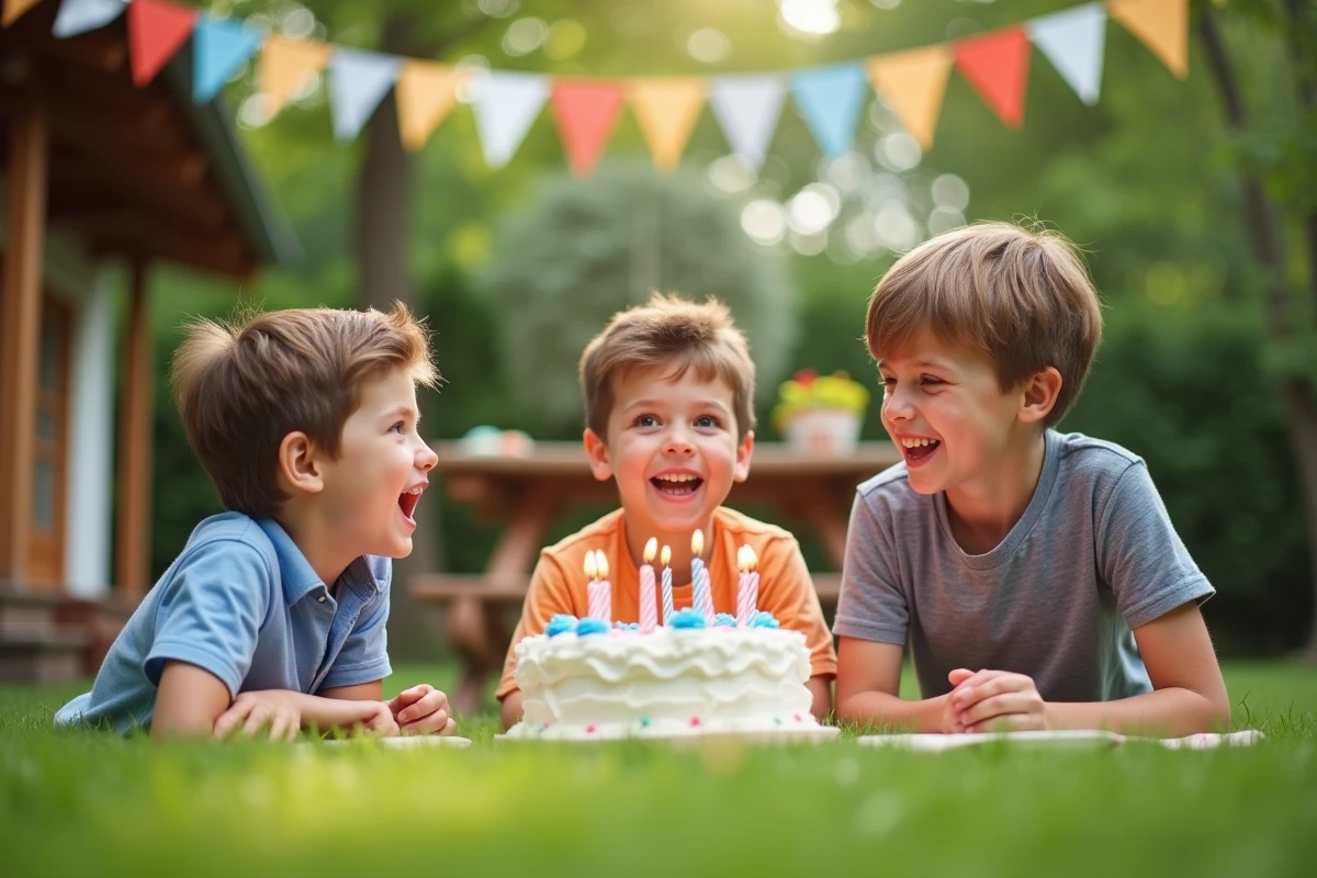 Groupe de garçons de 8 ans fêtant un anniversaire autour d'un gâteau dans un jardin décoré